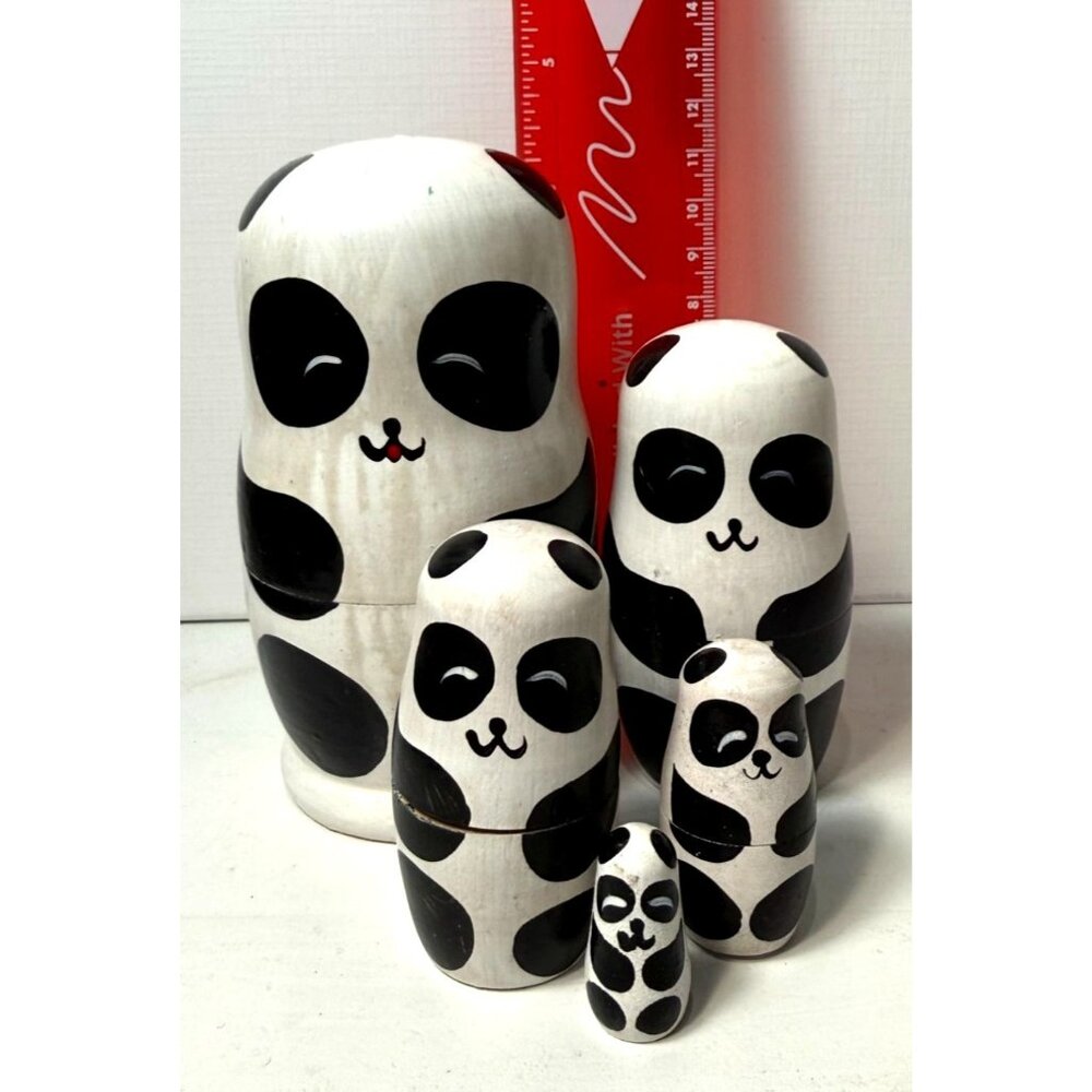 Nesting Panda Bear Family Wooden Doll Statues - Picture 2 of 8